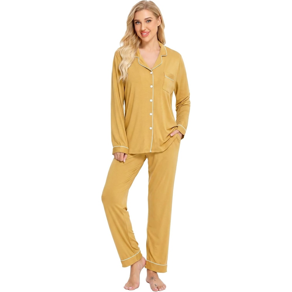 image:imageSWOMOG Womens Pajamas Set Long Sleeve Sleepwear Button Down Nightwear Soft Cotton Pj Lounge SetsPale Yellow