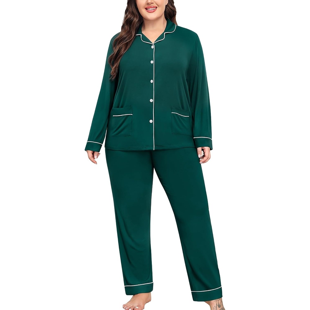 image:imageSWOMOG Womens Plus Size Pajamas Set with 2 Pockets Long Sleeve Button Down Sleepwear Soft PJs Pants Postpartum Lounge SetsGreen