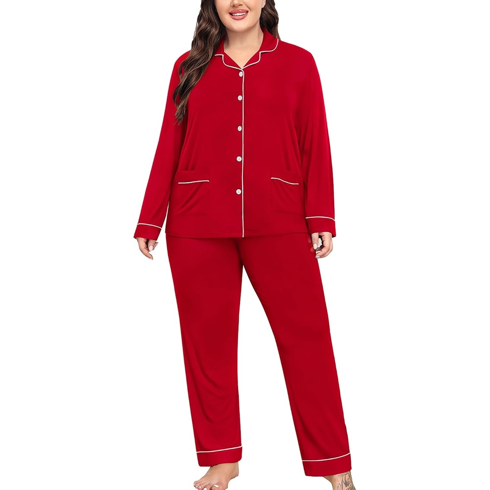 image:imageSWOMOG Womens Plus Size Pajamas Set with 2 Pockets Long Sleeve Button Down Sleepwear Soft PJs Pants Postpartum Lounge SetsRed