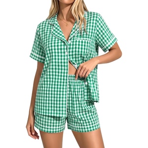 SWOMOG 100% Cotton Pajama Set For Women 2PCS Plaid Pjs Set Short Sleeve Shirts with Pockets Button Down Cute Loungewear(Green Gingham)