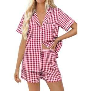 SWOMOG 100% Cotton Pajama Set for Women 2 PCS Gingham Pjs Set Short Sleeve Plaid Sleepwear Button Down Lounge Set