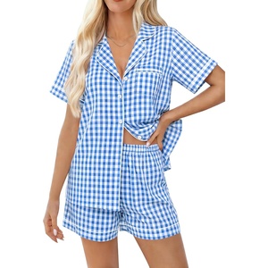 SWOMOG 100% Cotton Women Pajama Set 2 Piece Gingham Pjs Set Short Sleeve Plaid Sleepwear Button Down Lounge Set(Blue Plaid)