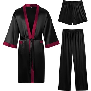 SWOMOG 3Pcs Men’s Satin Robe Silk Satin Kimono Bathrobe with Shorts&Pants Set Soft Lightweight Nightwear(Black)