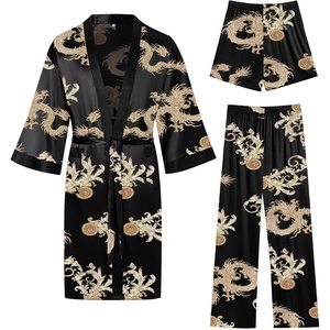 SWOMOG 3Pcs Men’s Satin Robe Silk Satin Kimono Bathrobe with Shorts&Pants Set Soft Lightweight Nightwear(Black Dragon)