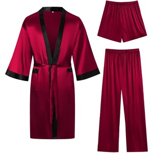 SWOMOG 3Pcs Men’s Satin Robe Silk Satin Kimono Bathrobe with Shorts&Pants Set Soft Lightweight Nightwear(Dark Wine Red)
