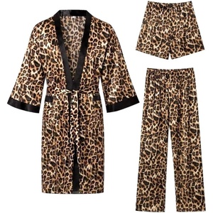 SWOMOG 3Pcs Men’s Satin Robe Silk Satin Kimono Bathrobe with Shorts&Pants Set Soft Lightweight Nightwear(Leopard Print)