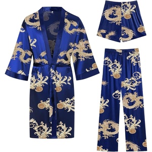 SWOMOG 3Pcs Men’s Satin Robe Silk Satin Kimono Bathrobe with Shorts&Pants Set Soft Lightweight Nightwear(Navy Blue Dragon)