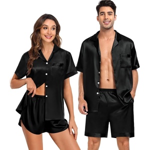 SWOMOG Couple Satin Matching Pajamas Sets Women & Men Short Sleeve Sleepwear Silk Button Down Nightwear 2 Pieces Loungewear(Black)