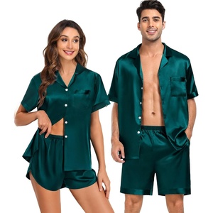 SWOMOG Couple Satin Matching Pajamas Sets Women & Men Short Sleeve Sleepwear Silk Button Down Nightwear 2 Pieces Loungewear(Dark Green)