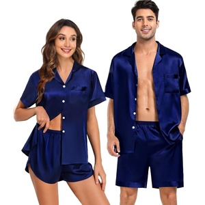 SWOMOG Couple Satin Matching Pajamas Sets Women & Men Short Sleeve Sleepwear Silk Button Down Nightwear 2 Pieces Loungewear(Dark Navy Blue)