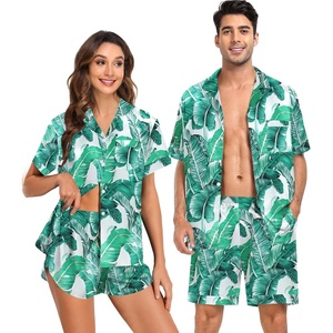 SWOMOG Couple Satin Matching Pajamas Sets Women & Men Short Sleeve Sleepwear Silk Button Down Nightwear 2 Pieces Loungewear(Green Leaf)