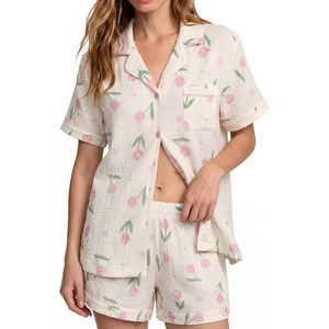 SWOMOG Cute Pajama Sets for Women 2 Piece Floral Print Short Sleeve Button Down Shirt and Shorts Summer Sleepwear Loungewear(Cream Tulip Floral)