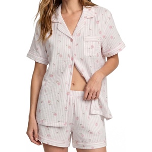 SWOMOG Cute Pajama Sets for Women 2 Piece Floral Print Short Sleeve Button Down Shirt and Shorts Summer Sleepwear Loungewear(Pink Stripe Rose)