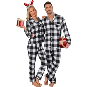 SWOMOG Family Christmas Pajamas Set Women & Men Long Sleeve Sleepwear Party Pj Sets Button-Down Loungewear Set(Black White Grid)