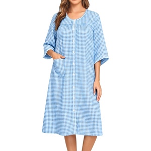 SWOMOG House Dress for Women Snap Front Dusters for Women with Pockets 3/4 Sleeve Cotton Nightgown S-XXXL(Plaid Blue)