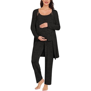 SWOMOG Maternity Pajamas Set 3 PCS Nusing Pajamas Labor and Delivery Gown & Camisole & Pants Postpartum Pjs(Black Gray)