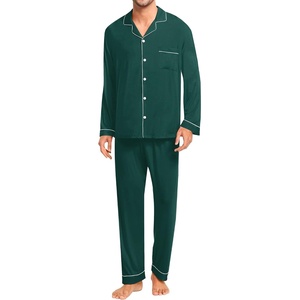 SWOMOG Men Cotton Pajamas Set Christmas Green Comfy Long Sleeve Sleepwear Soft Button Down Modal Nightwear 2 Piece Pj Set with Pockets
