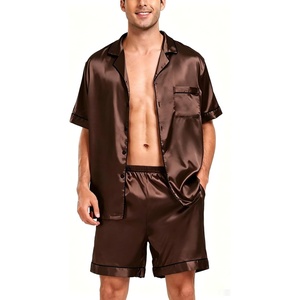 SWOMOG Men Satin Silk Pajamas Sets Short Sleeve Sleepwear Button-Down PJs Sets Two-Pieces Loungewear with Pockets(Brown)