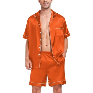SWOMOG Men Satin Silk Pajamas Sets Short Sleeve Sleepwear Button-Down PJs Sets Two-Pieces Loungewear with Pockets(Orange)