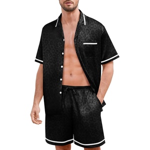 SWOMOG Men Satin Silk Pajamas Sets with Pockets Short Sleeve Button-Down PJs Sets 2 Piece Summer Sleepwear S-XXL(Style-a-black Leopard Print)