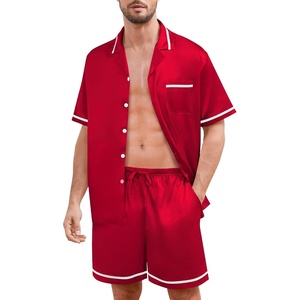 SWOMOG Men Satin Silk Pajamas Sets with Pockets Short Sleeve Button-Down PJs Sets 2 Piece Summer Sleepwear S-XXL(Style-a-red)