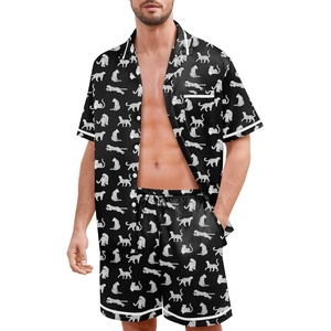 SWOMOG Men Satin Silk Pajamas Sets with Pockets Short Sleeve Button-Down PJs Sets 2 Piece Summer Sleepwear S-XXL(Style-a-white Leopard Print)