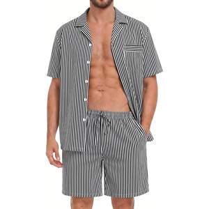 SWOMOG Mens 100% Cotton Pajama Set 2Pcs Button Down Pjs Set Short Sleeve Sleepwear with Pocket Soft Summer Stripe Nightwear(Black Stripes)