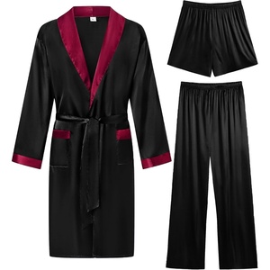 SWOMOG Men’s 3 Pcs Robe Silk Satin Kimono Bathrobe with Shorts&Pants Set Lightweight Soft Sleepwear(Black)