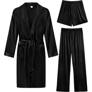 SWOMOG Men’s 3 Pcs Robe Silk Satin Kimono Bathrobe with Shorts&Pants Set Lightweight Soft Sleepwear(Carbon)