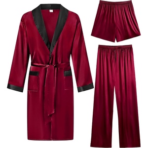 SWOMOG Men’s 3 Pcs Robe Silk Satin Kimono Bathrobe with Shorts&Pants Set Lightweight Soft Sleepwear(Dark Wine Red)