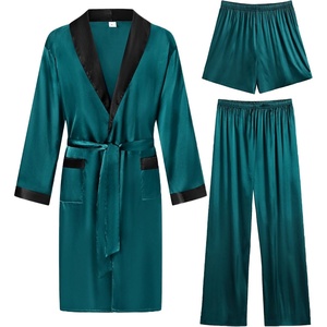 SWOMOG Men’s 3 Pcs Robe Silk Satin Kimono Bathrobe with Shorts&Pants Set Lightweight Soft Sleepwear(Green)
