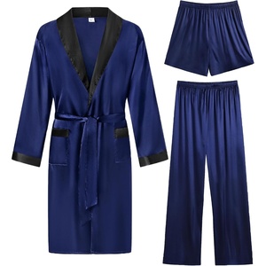 SWOMOG Men’s 3 Pcs Robe Silk Satin Kimono Bathrobe with Shorts&Pants Set Lightweight Soft Sleepwear(Navy Blue)