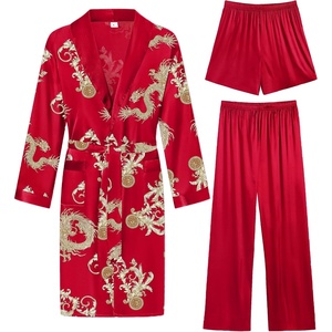 SWOMOG Men’s 3 Pcs Robe Silk Satin Kimono Bathrobe with Shorts&Pants Set Lightweight Soft Sleepwear(Red Dragon)