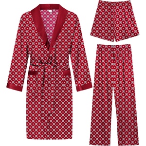 SWOMOG Men’s 3 Pcs Robe Silk Satin Kimono Bathrobe with Shorts&Pants Set Lightweight Soft Sleepwear(Red Floral)