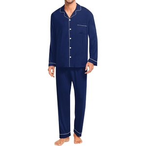 SWOMOG Mens Christmas Pjs Set with Pockets Long Sleeve Modal Sleepwear Button Down Pajamas Soft Loungewear 2 Pcs Comfy Pj Set Navy Blue