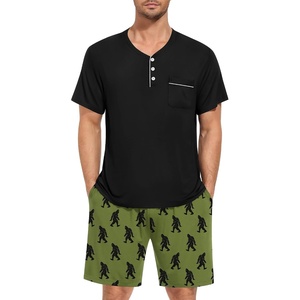 SWOMOG Mens Pajama Set Summer Pjs Sleepwear 2 Piece Loungewear Soft Short Sleeve Sleep Set With Pocket Comfy Nightwear(Black Army Green)