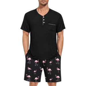 SWOMOG Mens Pajama Set Summer Pjs Sleepwear 2 Piece Loungewear Soft Short Sleeve Sleep Set With Pocket Comfy Nightwear(Black Pink Flamingos)
