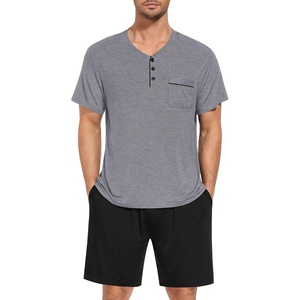SWOMOG Mens Pajama Set Summer Pjs Sleepwear 2 Piece Loungewear Soft Short Sleeve Sleep Set With Pocket Comfy Nightwear(Grey Black)