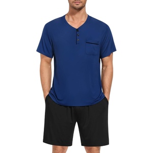 SWOMOG Mens Pajama Set Summer Pjs Sleepwear 2 Piece Loungewear Soft Short Sleeve Sleep Set With Pocket Comfy Nightwear(Nave Blue Black)