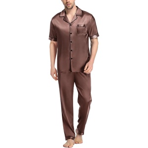 SWOMOG Mens Satin Pajama Set Short Sleeve Classic Sleepwear Button Down Silky Loungewear with Long Pants(Brown)