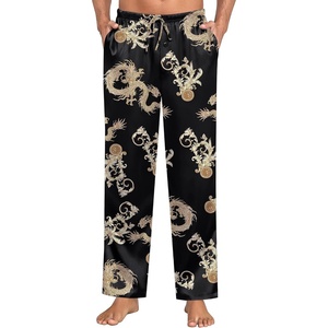 SWOMOG Mens Satin Silky Pajama Pants Soft Silk Long Pajama Bottoms with Drawstring & Button Fly & Pockets(Black Dragon)