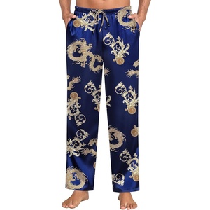 SWOMOG Mens Satin Silky Pajama Pants Soft Silk Long Pajama Bottoms with Drawstring & Button Fly & Pockets(Blue Dragon)