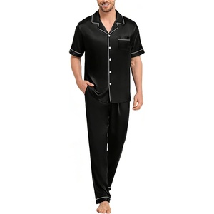 SWOMOG Mens Silk Pajamas Set Satin Pj Set Short Sleeve Sleepwear Button Down Lounge Set with Drawstring & Pockets S-3XL(Black)