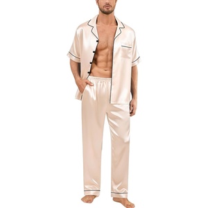 SWOMOG Mens Silk Pajamas Set Satin Pj Set Short Sleeve Sleepwear Button Down Lounge Set with Drawstring & Pockets S-3XL(Champagne – No Drawstring)