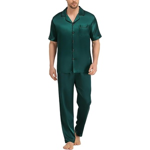 SWOMOG Mens Silk Pajamas Set Satin Pj Set Short Sleeve Sleepwear Button Down Lounge Set with Drawstring & Pockets S-3XL(Deep Green)