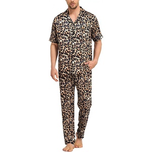 SWOMOG Mens Silk Pajamas Set Satin Pj Set Short Sleeve Sleepwear Button Down Lounge Set with Drawstring & Pockets S-3XL(Leopard Print)