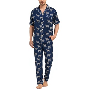 SWOMOG Mens Silk Pajamas Set Satin Pj Set Short Sleeve Sleepwear Button Down Lounge Set with Drawstring & Pockets S-3XL(Navy Blue Zebra Print)