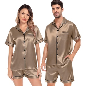 SWOMOG Satin Matching Pajamas Sets Couple Silk Button Down Nightwear Women & Men Short Sleeve Sleepwear 2 Pieces Loungewear(Opaue Couche)