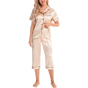 SWOMOG Satin Pajama Set Women Silk Pjs Set Short Sleeve 2 Piece Button Down Sleepwear Lounge Sets(Champagne)
