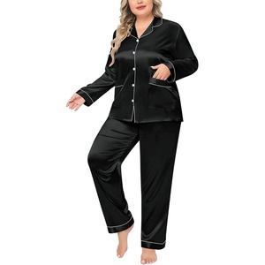 SWOMOG Women Plus Size Long Sleeve Pajamas Silk Satin Pajama Sets Button Down Sleepwear Pjs Loungewear with Pockets(Black)